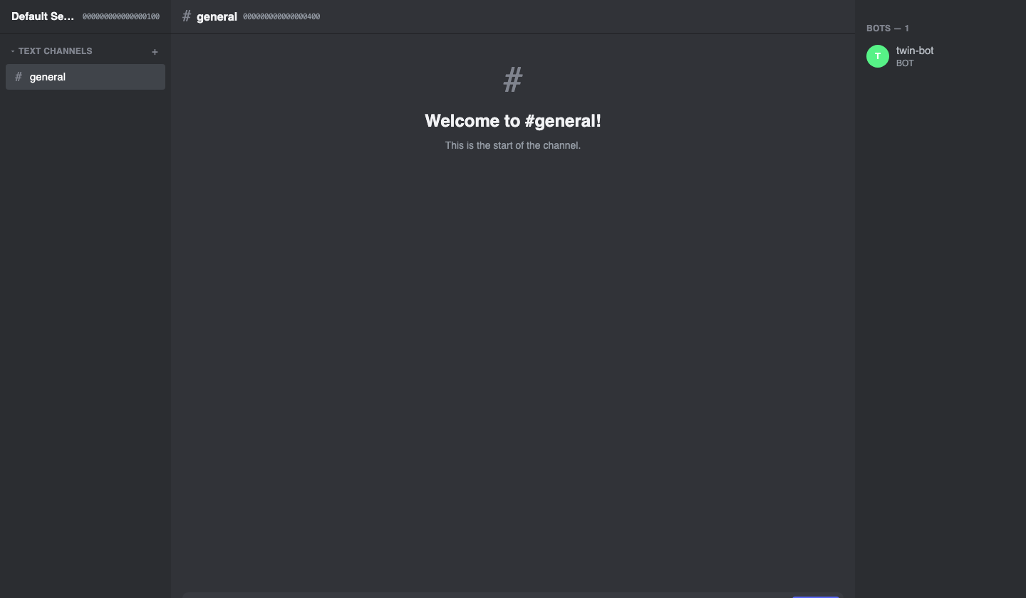 Discord twin showing the general channel, message composer, and twin bot user.