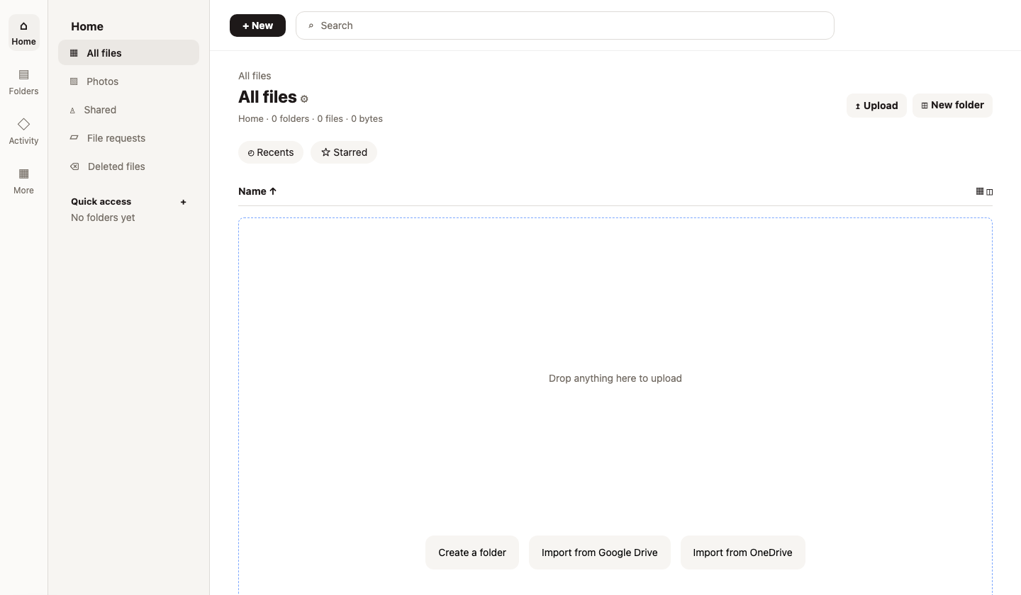 Dropbox twin showing the all files view with upload and folder creation controls.