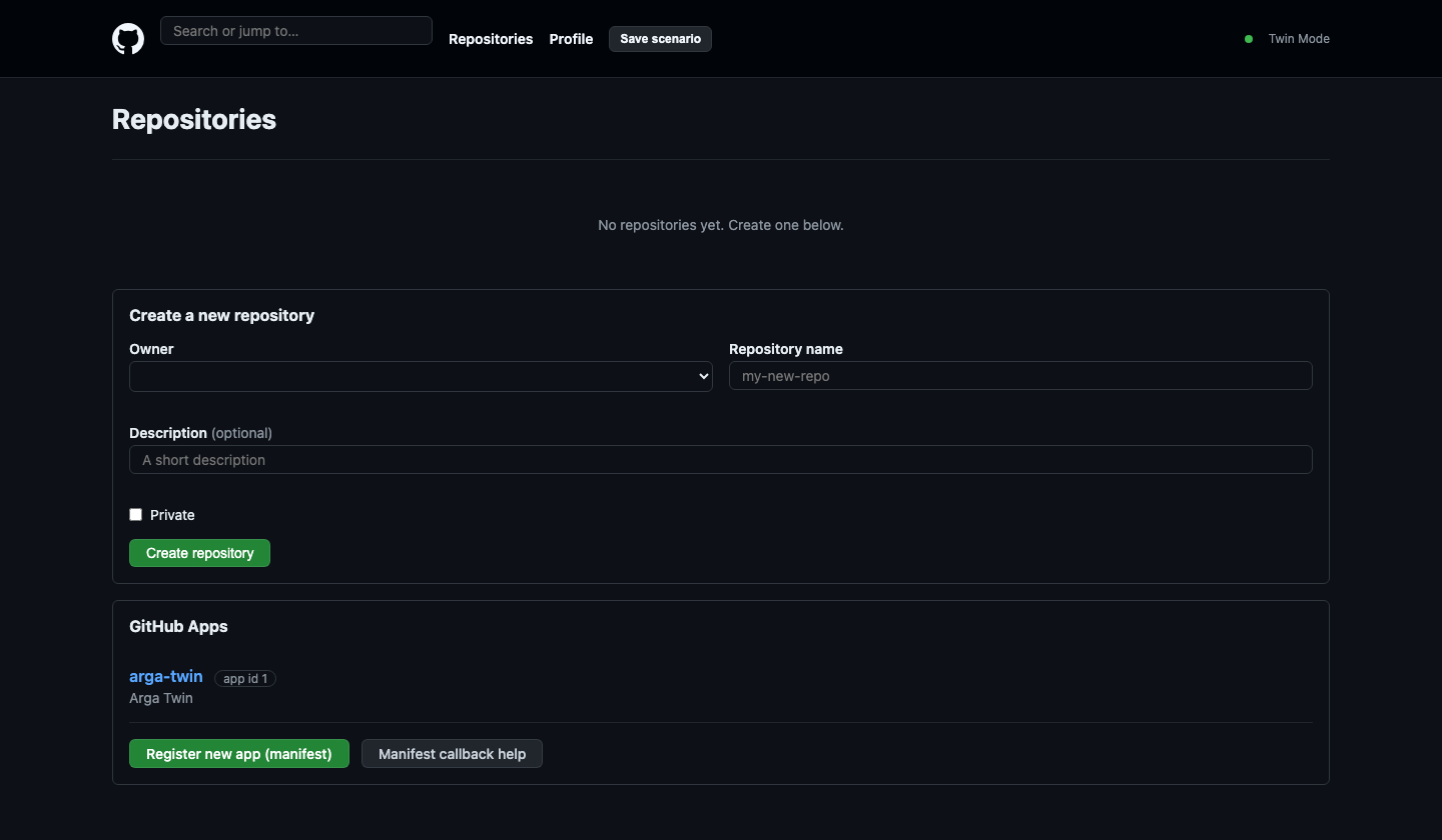 GitHub twin showing repositories, app registration, and repository creation controls.