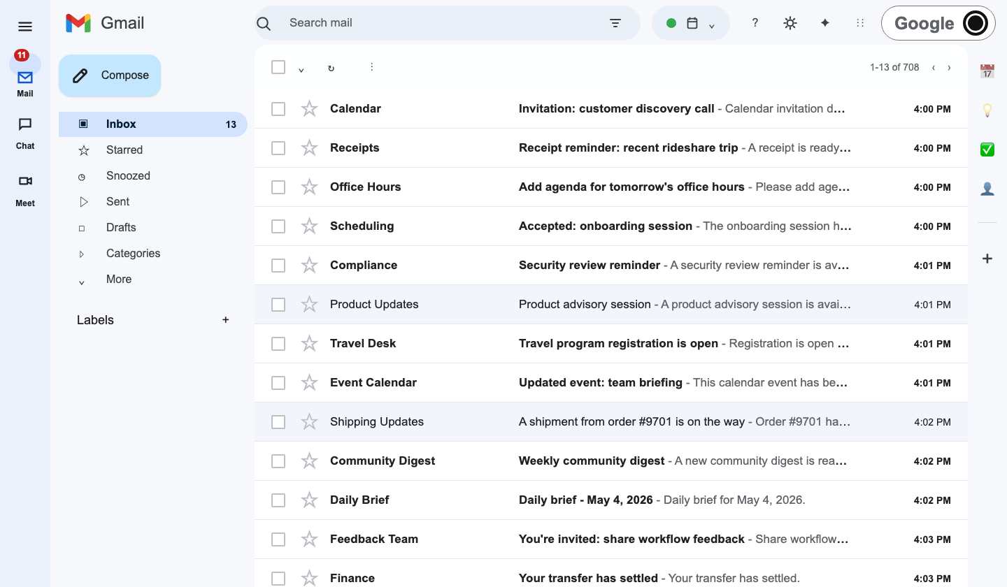 Gmail twin showing the inbox, labels, and seeded email threads.