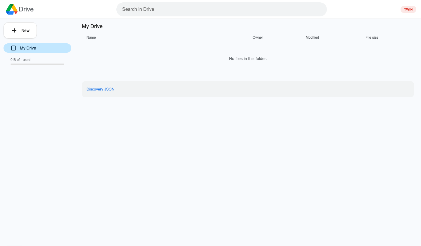 Google Drive twin showing the My Drive file list and new file controls.