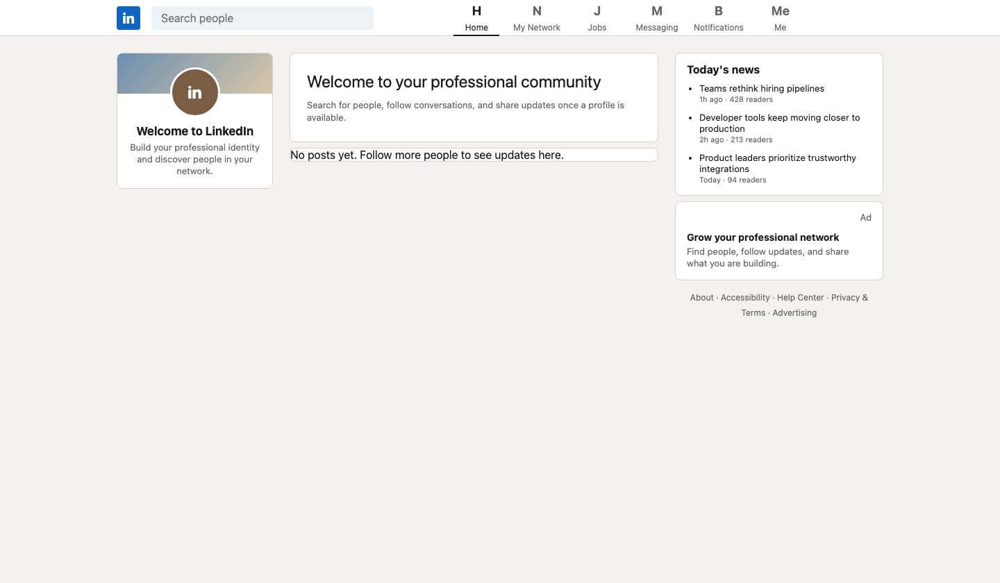 LinkedIn twin showing the home feed, search, profile card, and news panel.