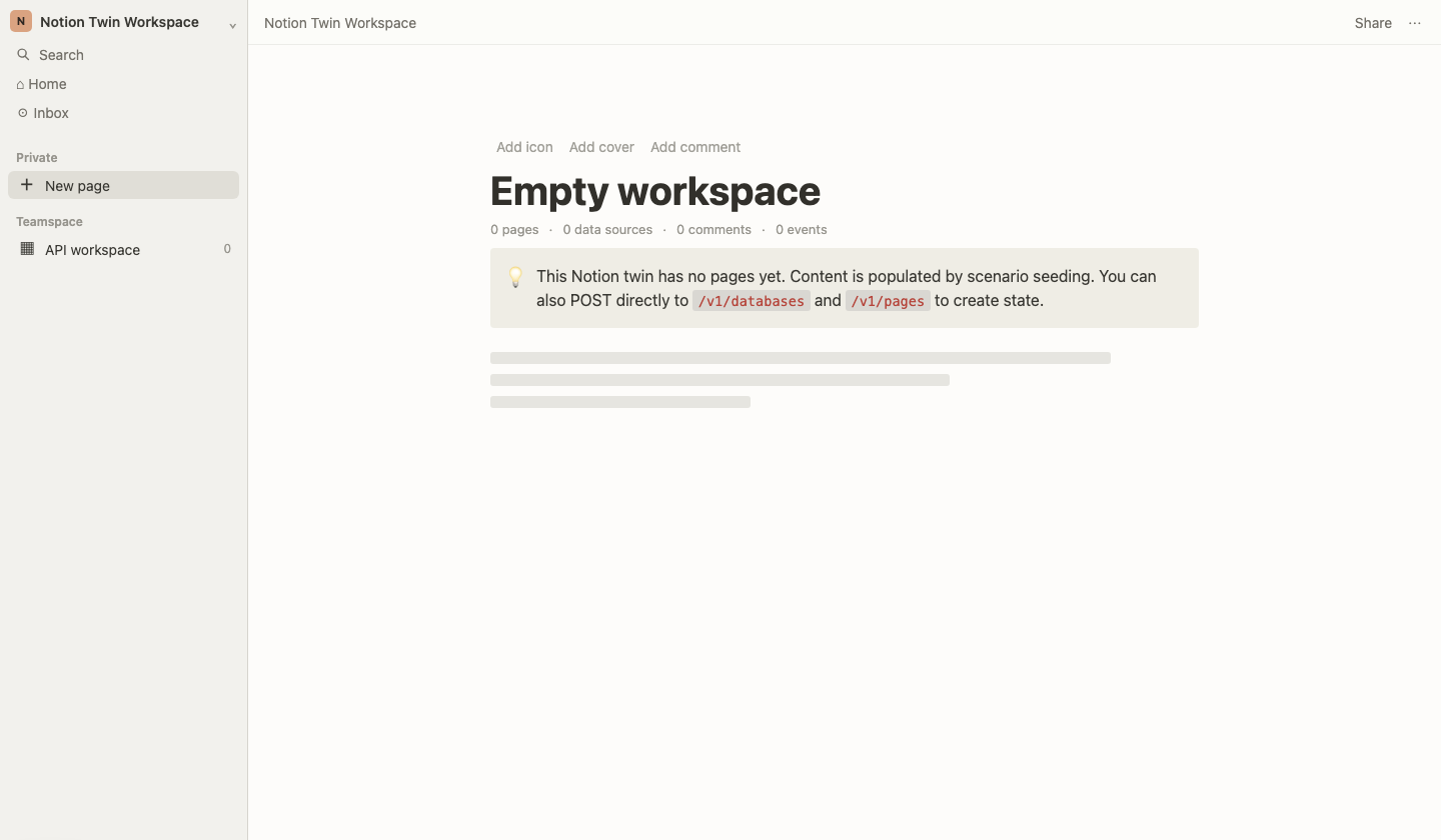 Notion twin showing an empty workspace and API workspace navigation.