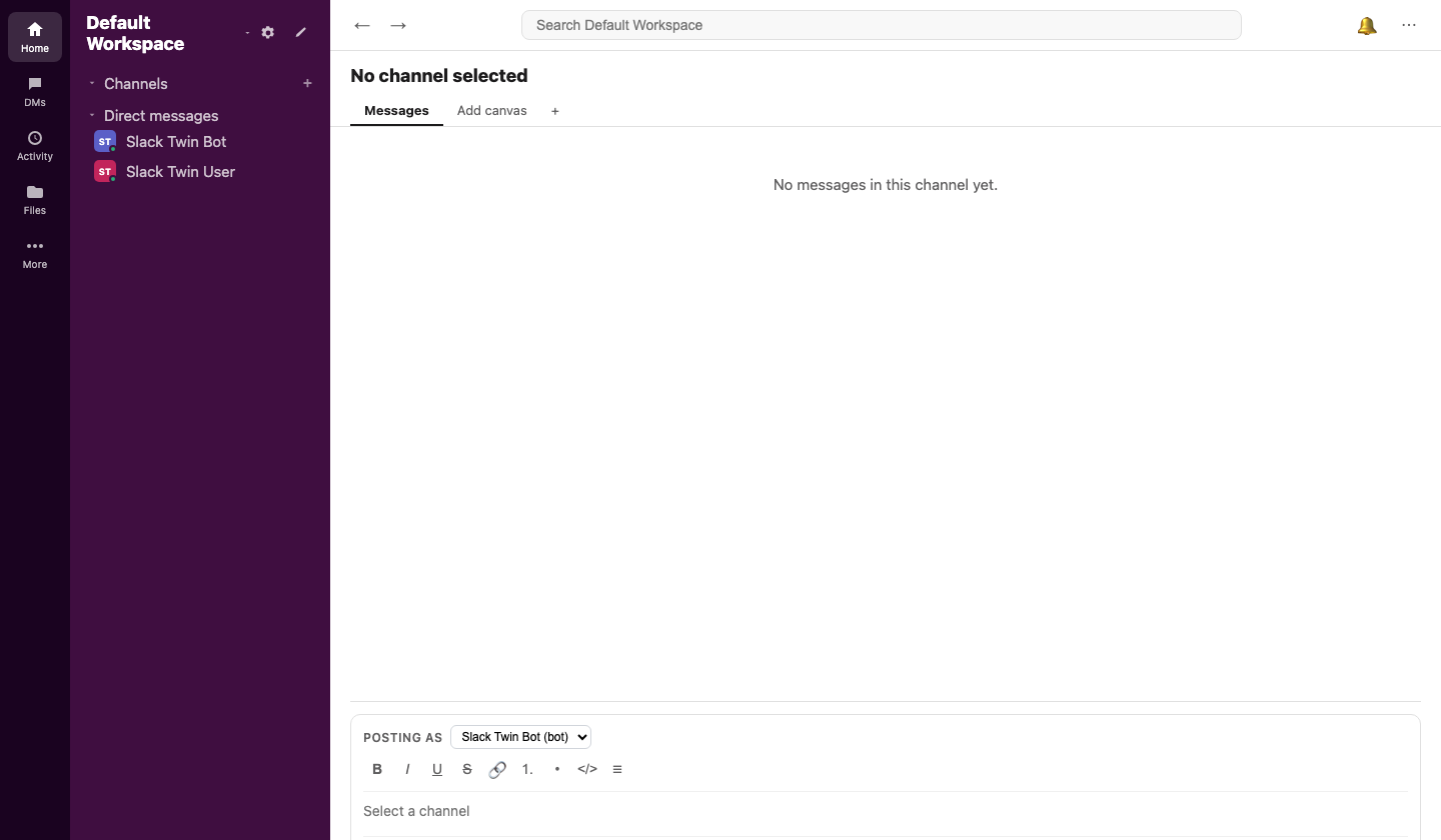 Slack twin showing the default workspace, direct messages, and message composer.